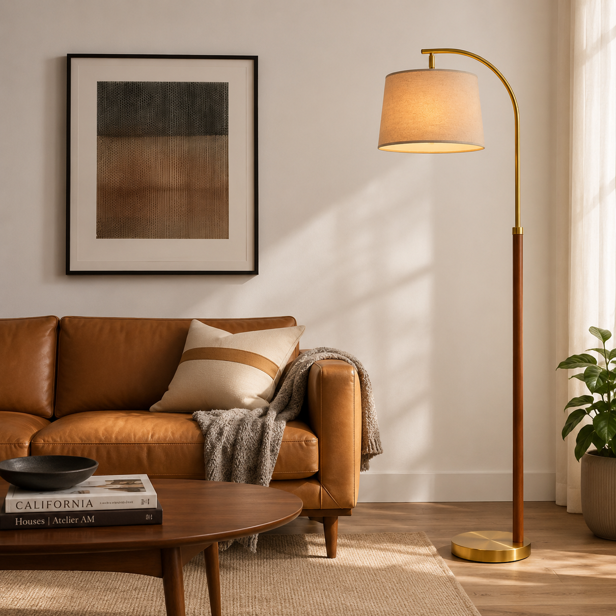 Curvano Arc Floor Lamp – Mid Century Brass Finish Standing Lamp with Linen Shade