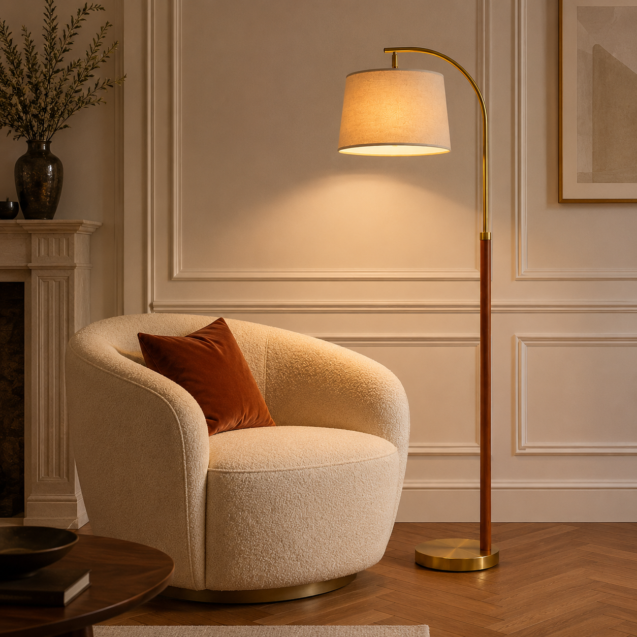 Curvano Arc Floor Lamp – Mid Century Brass Finish Standing Lamp with Linen Shade