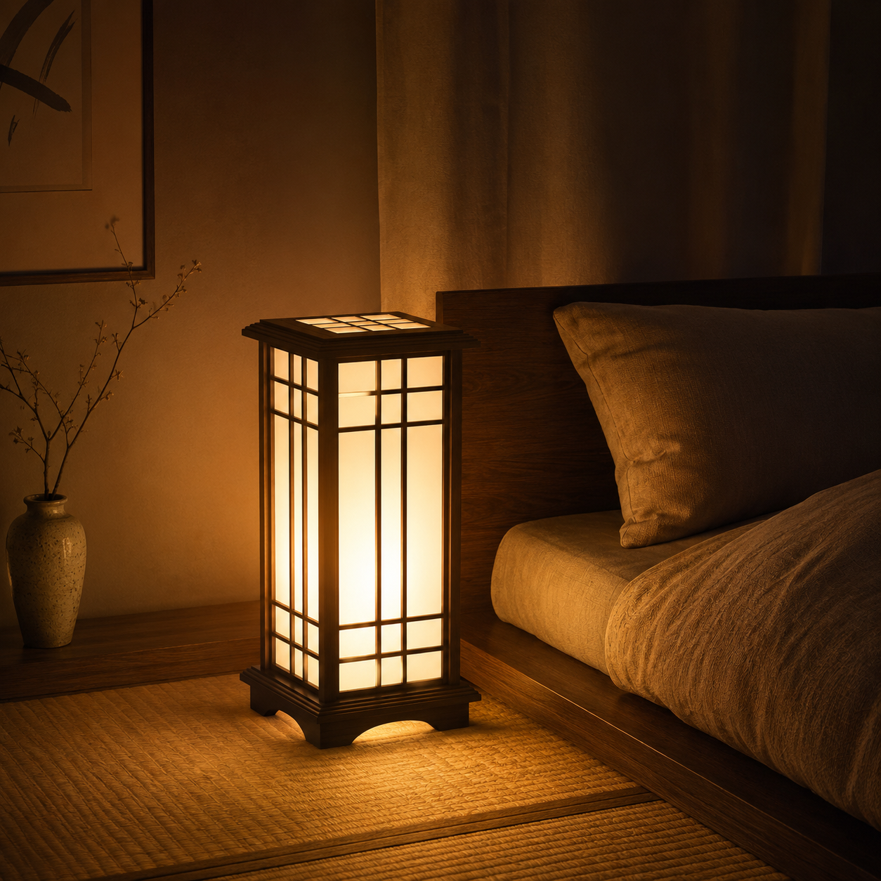 Hanoki Wooden Lantern Floor Lamp – Shoji Style Japandi Pine Standing Light