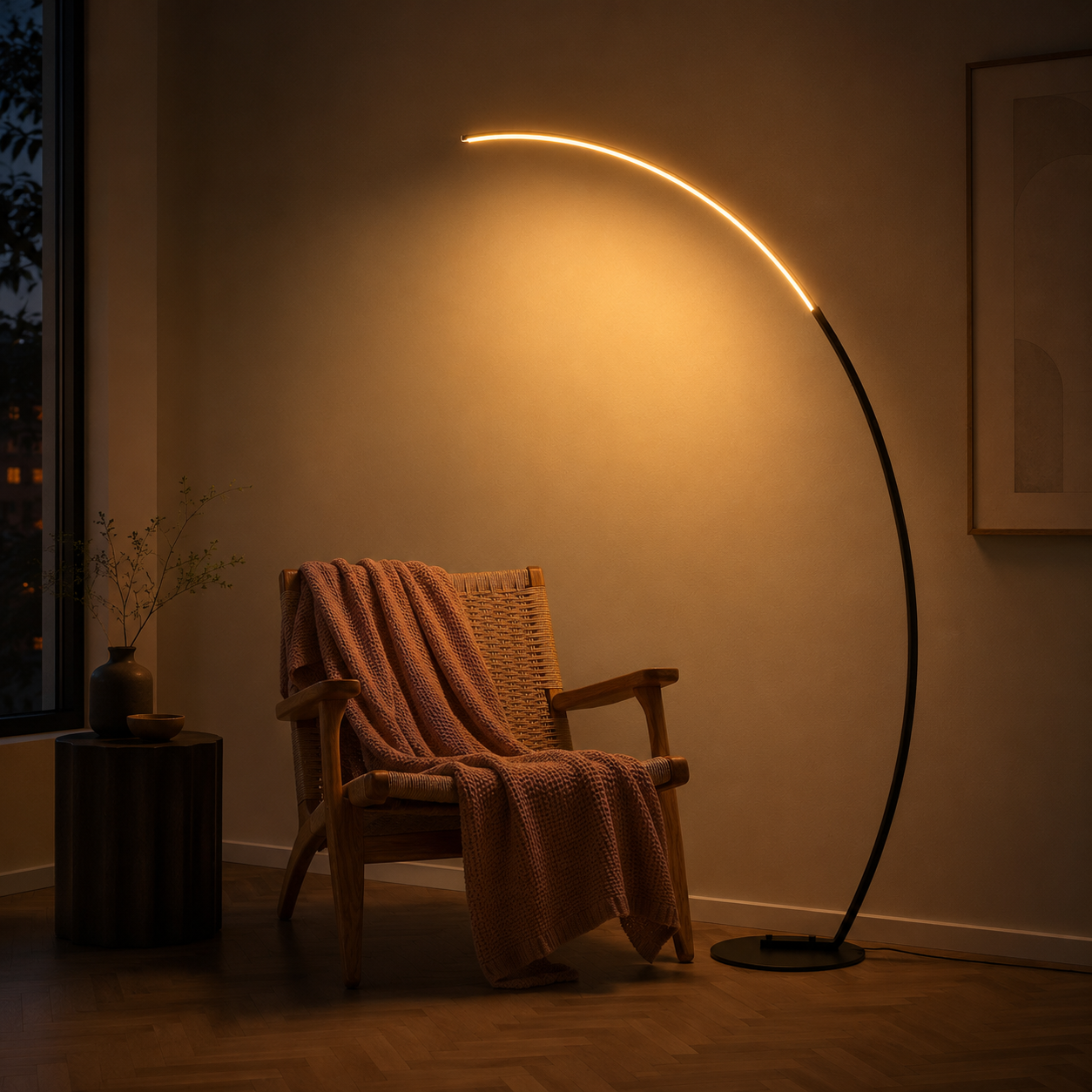 Quilla LED Arc Floor Lamp | Dimmable Modern Crescent Standing Light with Remote