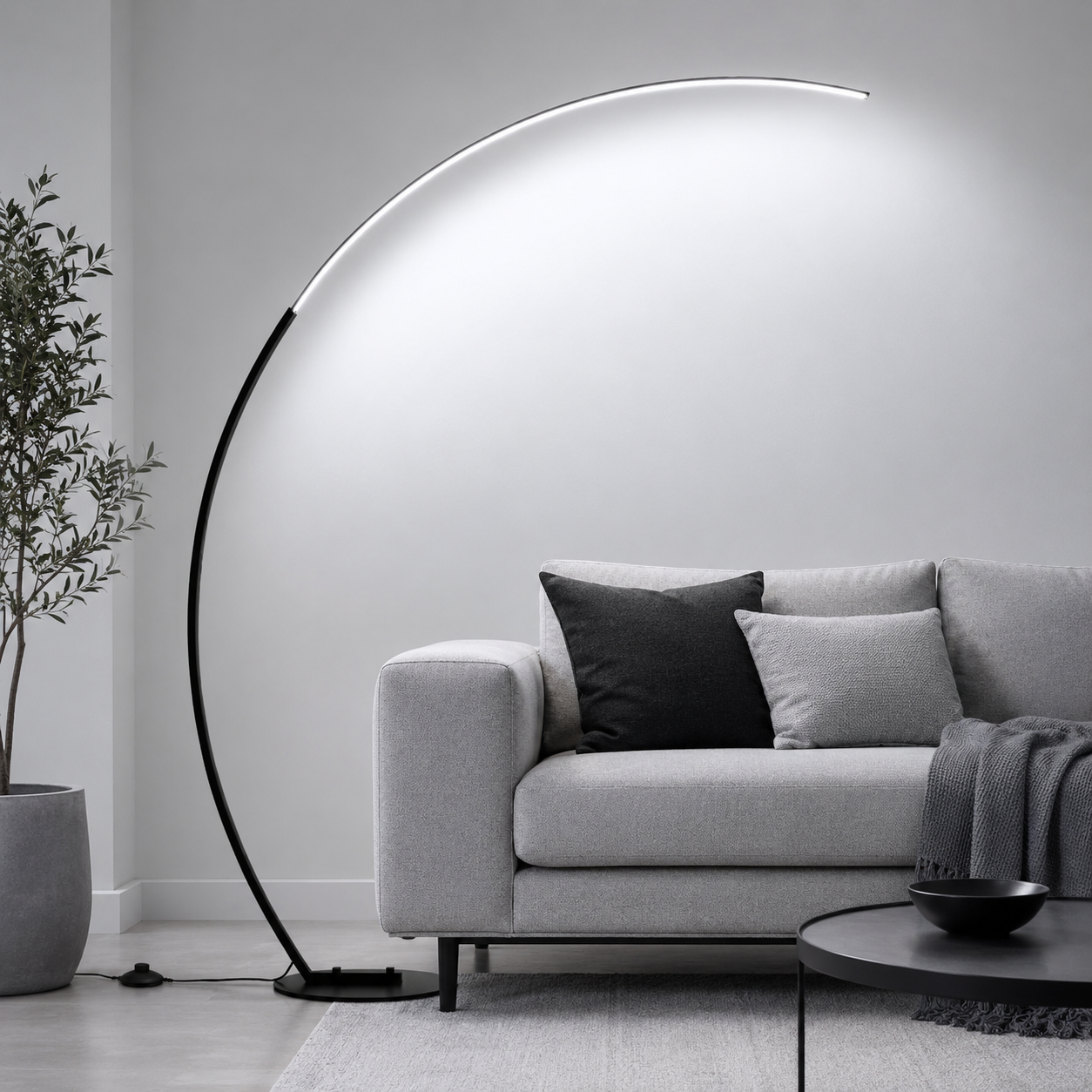 Quilla LED Arc Floor Lamp | Dimmable Modern Crescent Standing Light with Remote