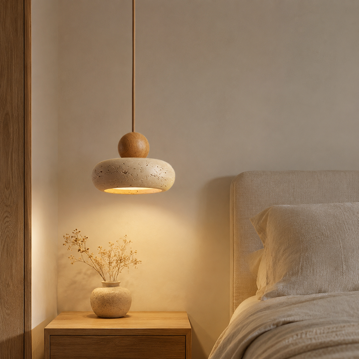 Tavora Stone Pendant Light | Natural Stone and Wood Japandi Pendant