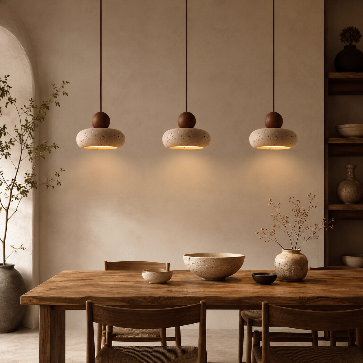 Tavora Stone Pendant Light | Natural Stone and Wood Japandi Pendant