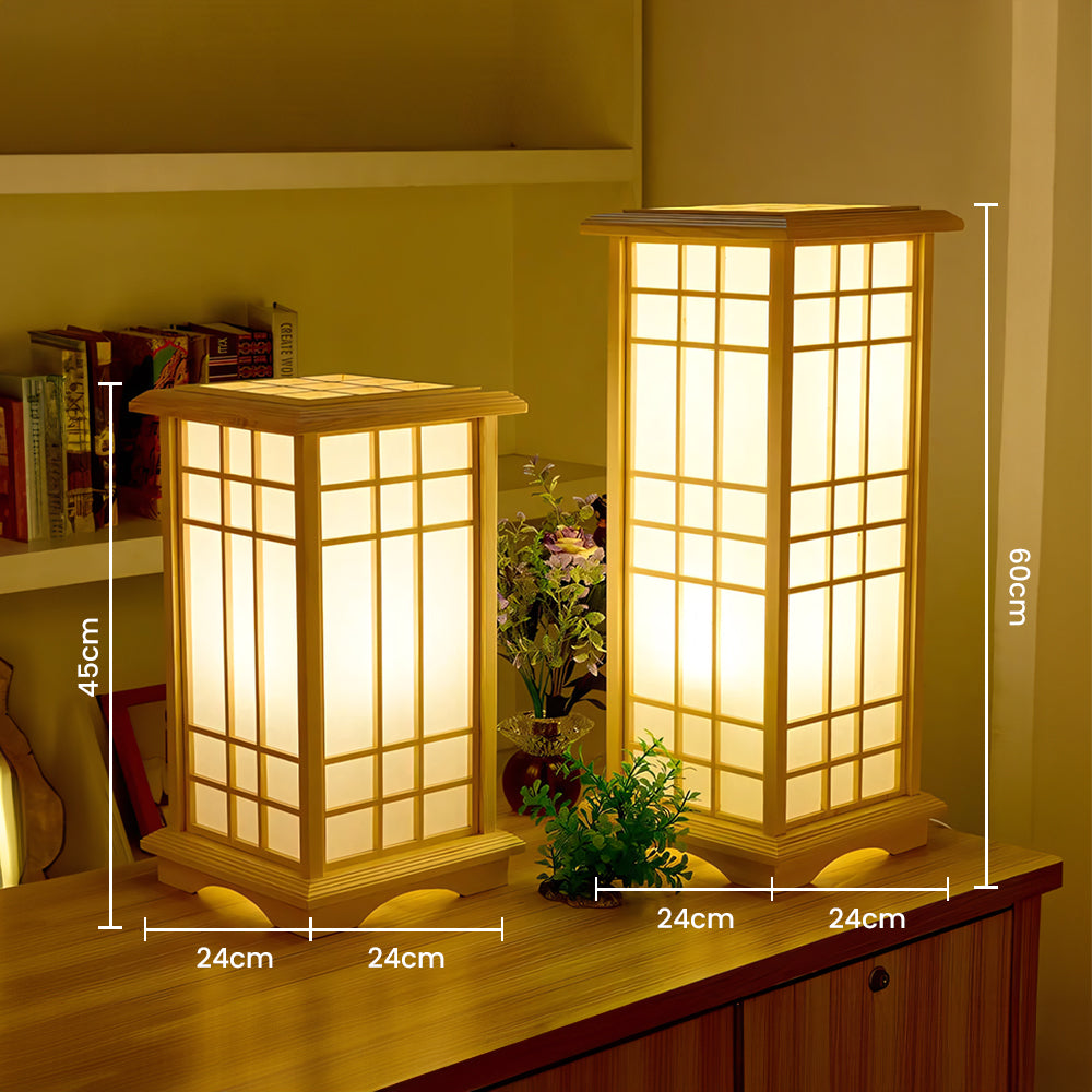 Hanoki Wooden Lantern Floor Lamp – Shoji Style Japandi Pine Standing Light