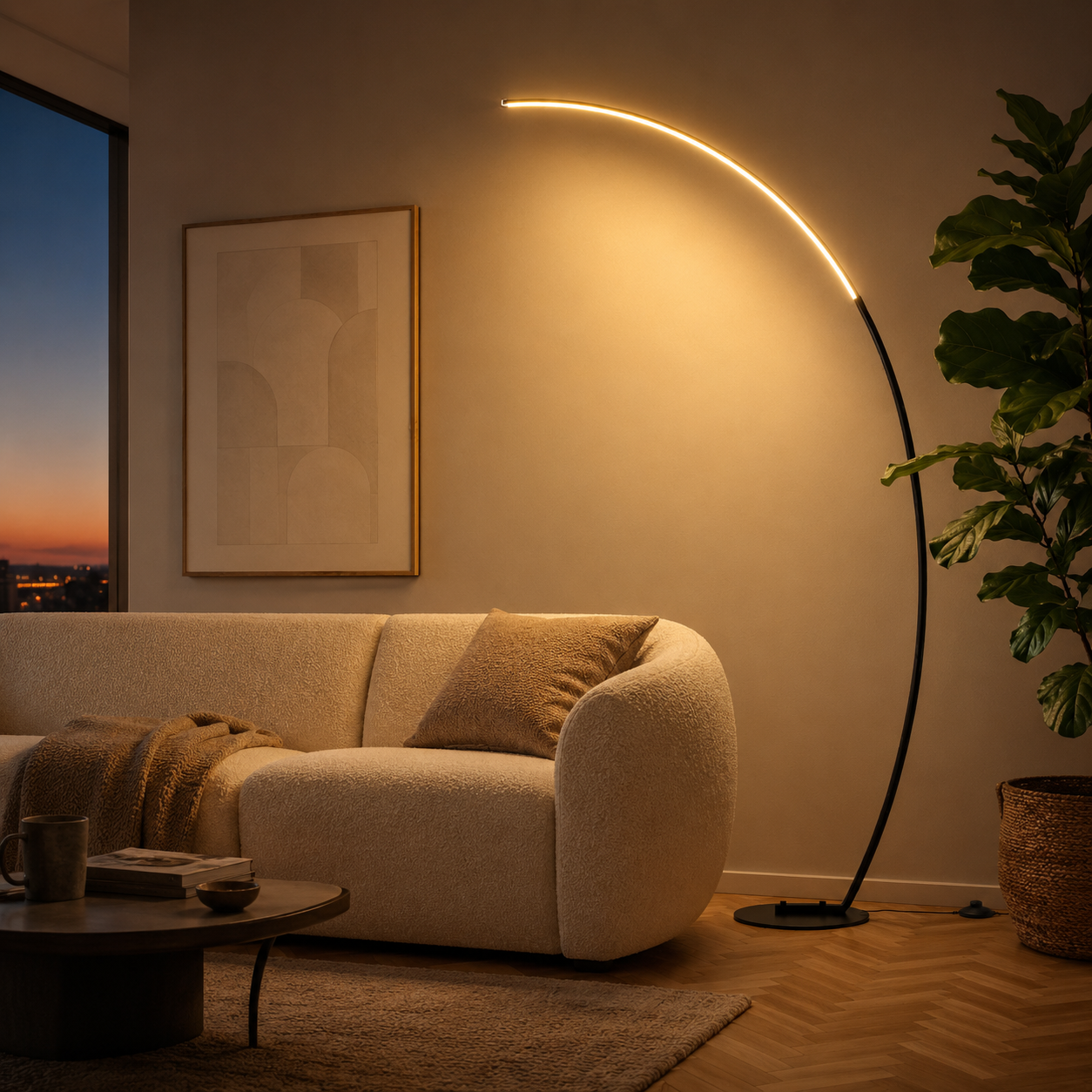 Quilla LED Arc Floor Lamp | Dimmable Modern Crescent Standing Light with Remote