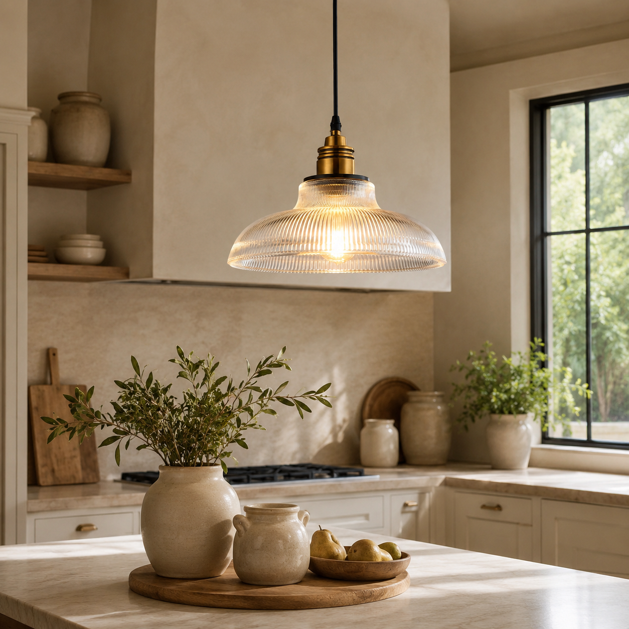 Striata Glass Pendant Light | Ribbed Vintage Glass with Brass Detail