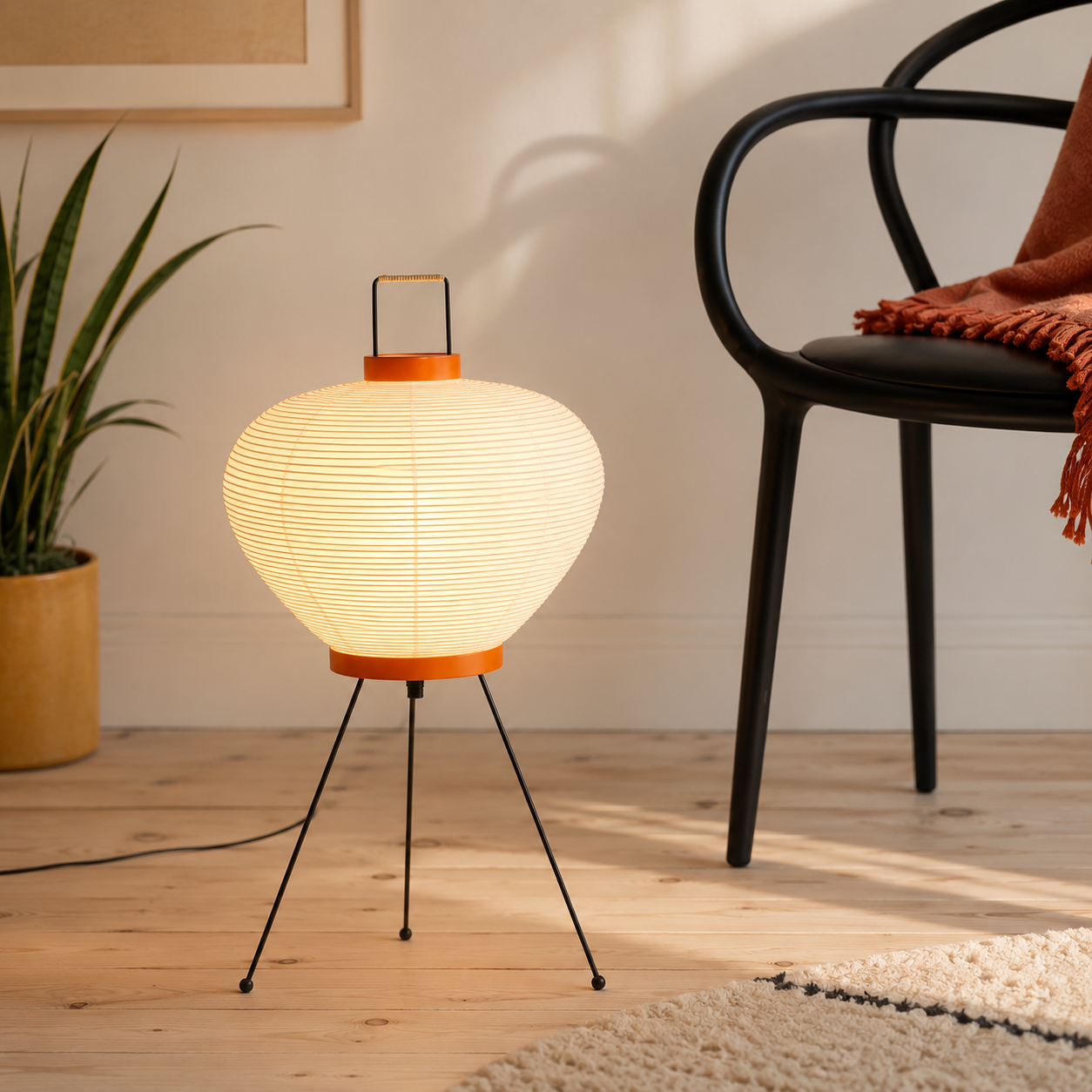 Yuzora Gourd Paper Floor Lamp – Japandi Ribbed Paper Lantern with Orange Accents