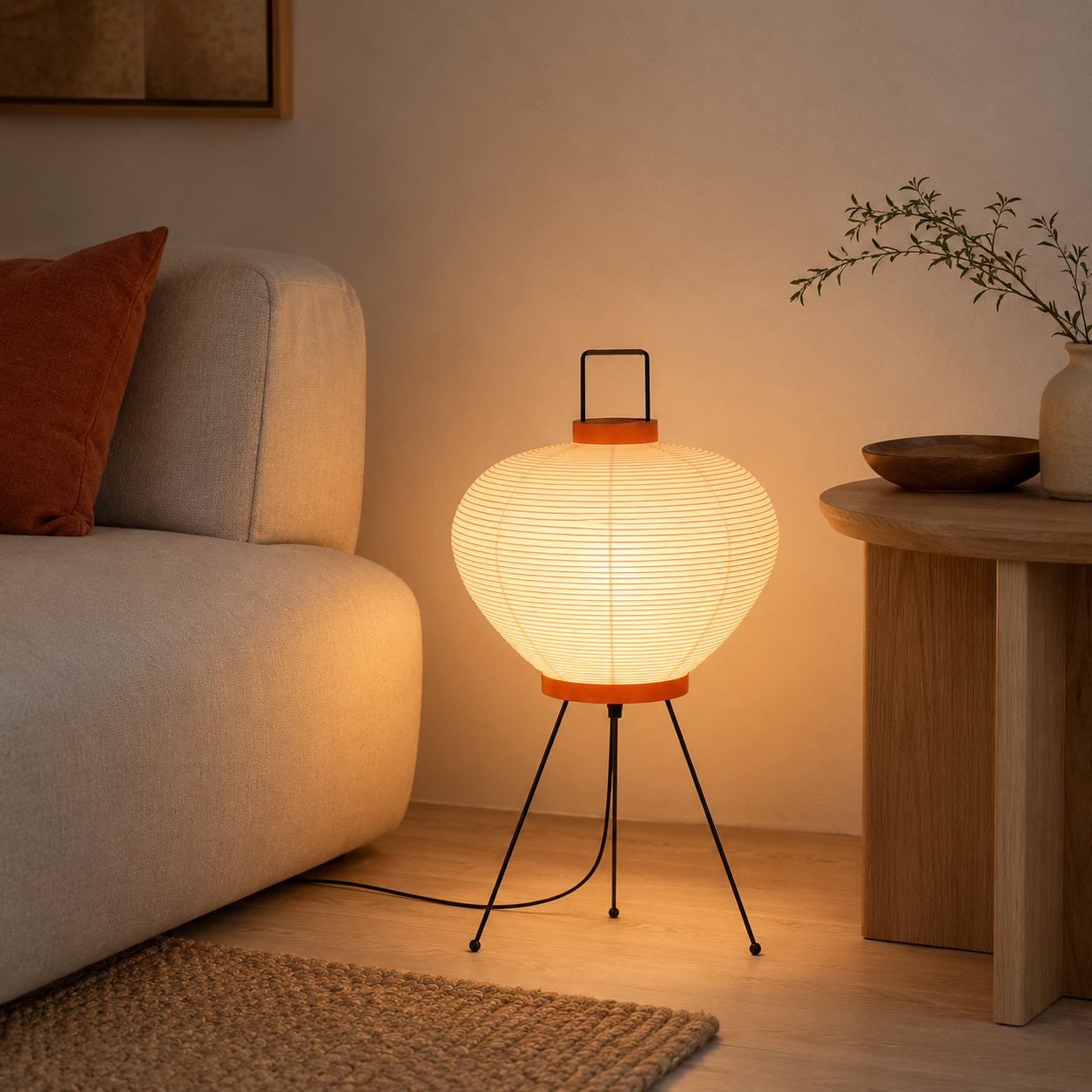 Yuzora Gourd Paper Floor Lamp – Japandi Ribbed Paper Lantern with Orange Accents