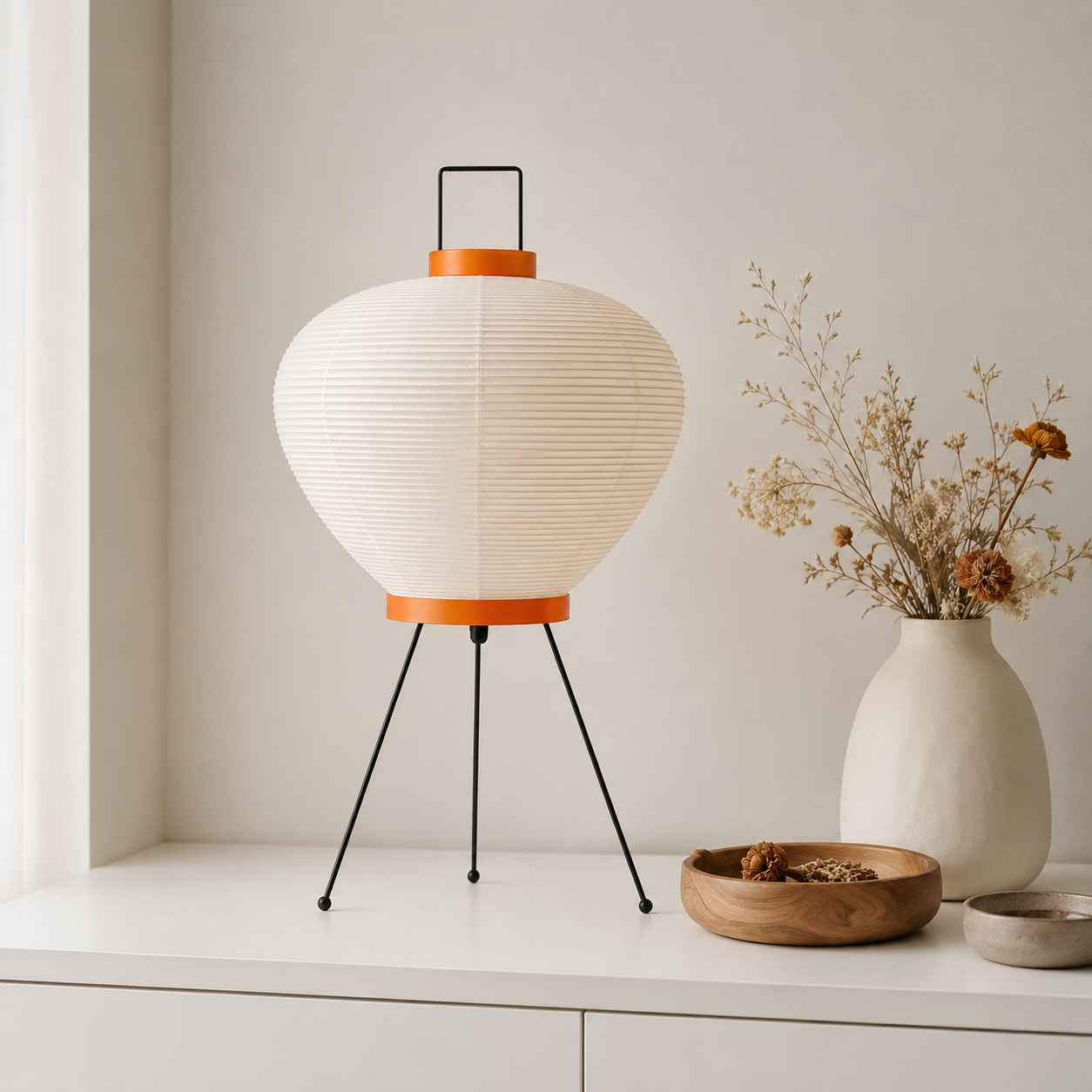 Yuzora Gourd Paper Floor Lamp – Japandi Ribbed Paper Lantern with Orange Accents